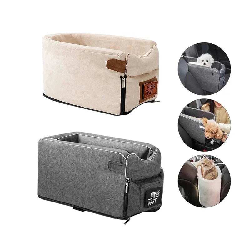 Beige and gray pet car seats with zippered sides and carry handle