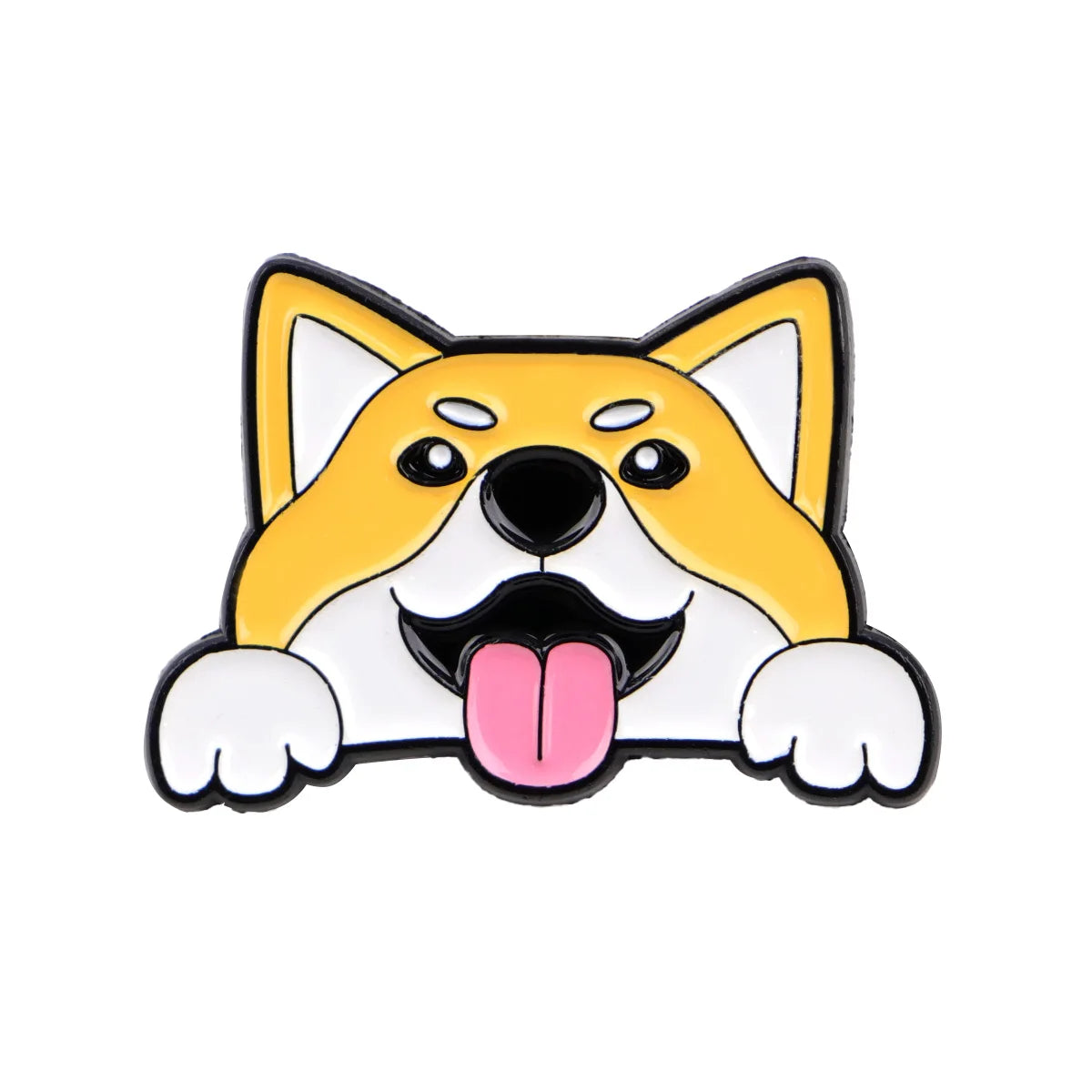 Playful cats & dogs enamel lapel pin of a yellow dog with pink tongue