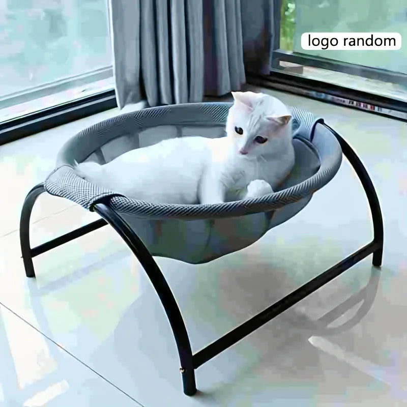 Cat hammock bed, gray fabric with black metal stand, cat inside