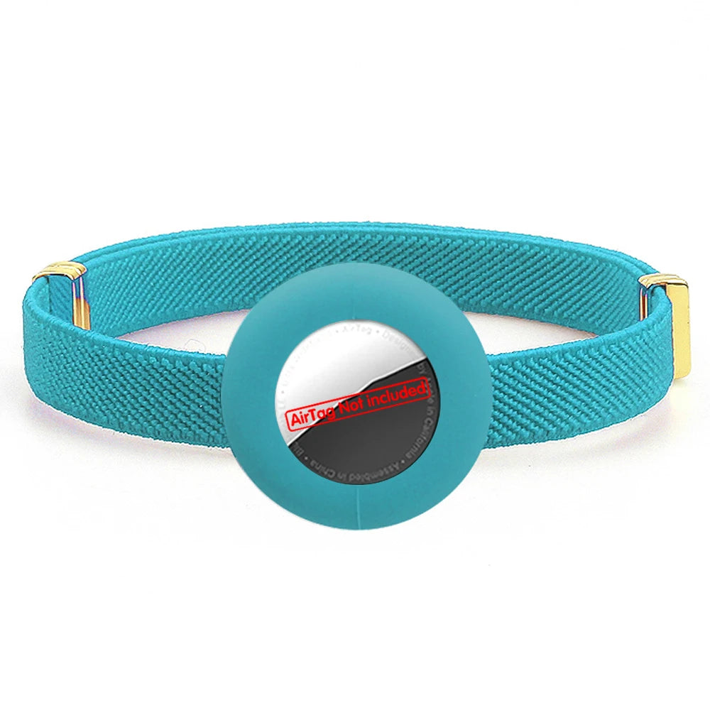 Teal cat collar with AirTag holder, safety breakaway clasp and gold hardware.