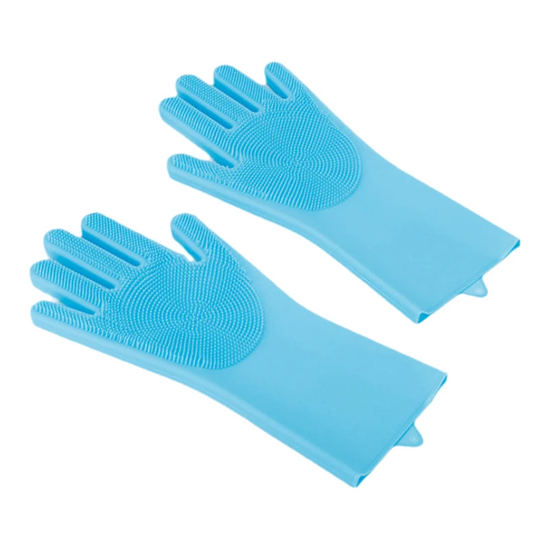 Blue silicone pet grooming gloves with raised bristles, shown as a pair