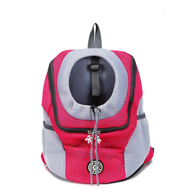 Rose red and gray pet carrier backpack with round front opening and zippered front panel