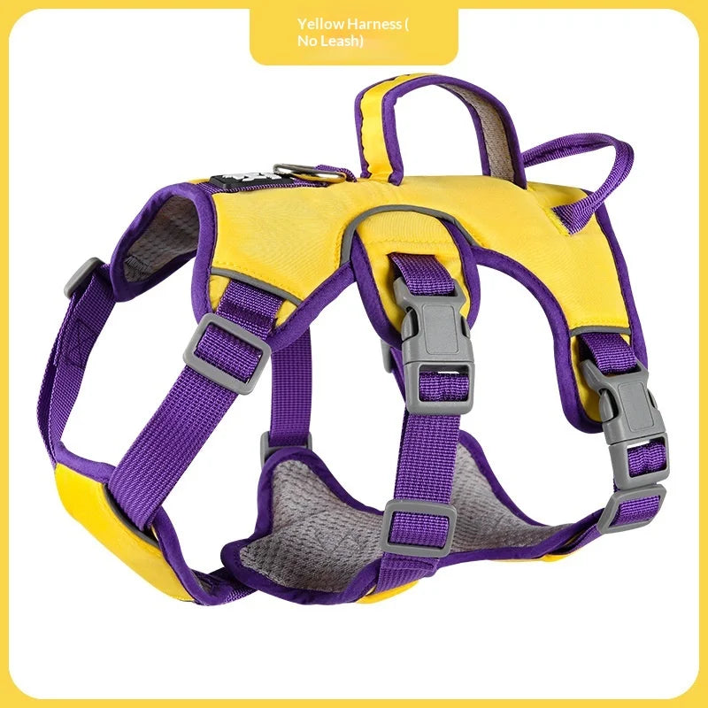 Yellow and purple three-section dog harness vest with padded chest and buckles