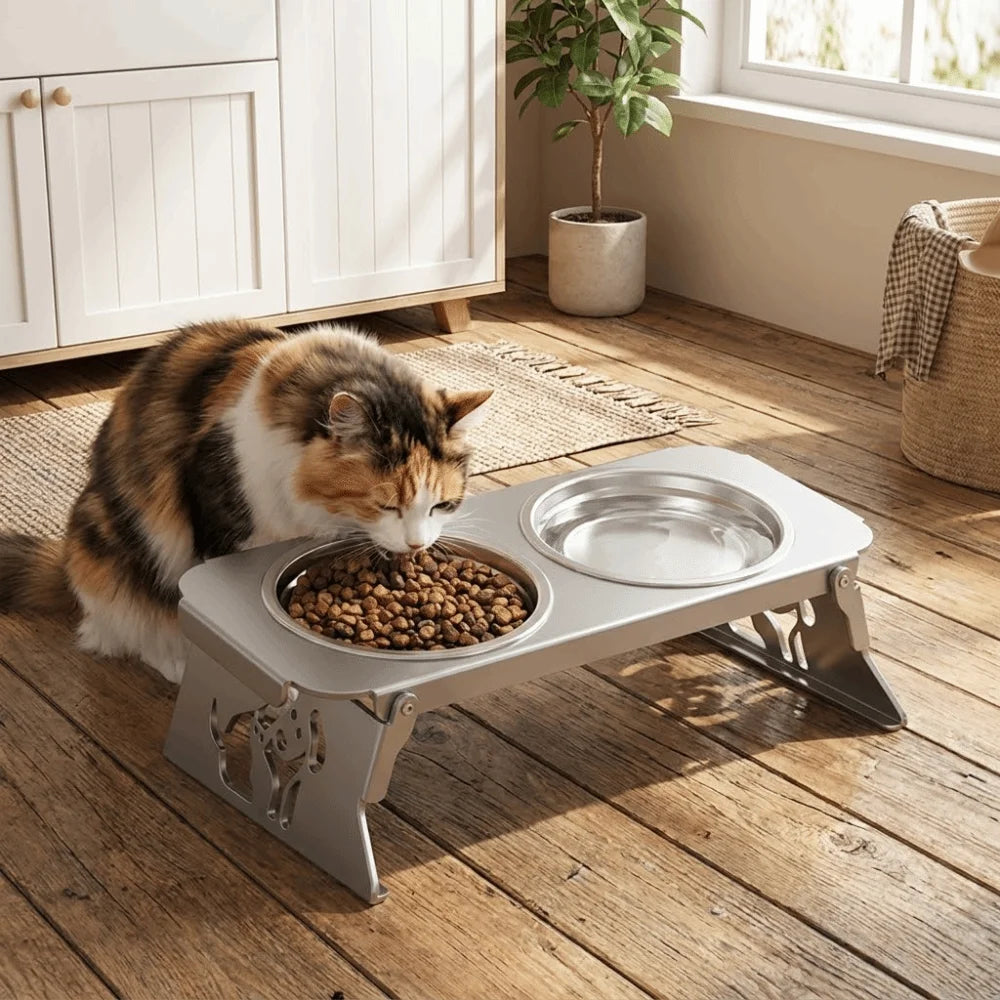Foldable Raised Double Dog Bowl Elevated Anti-Flip Feeder