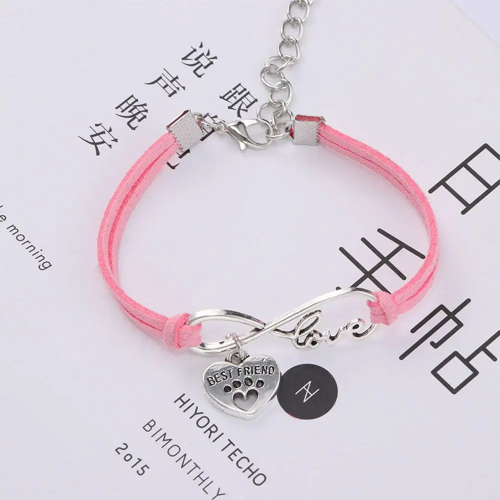 Adjustable pink pet collar with heart “Best Friend” charm and silver “love” bar connector