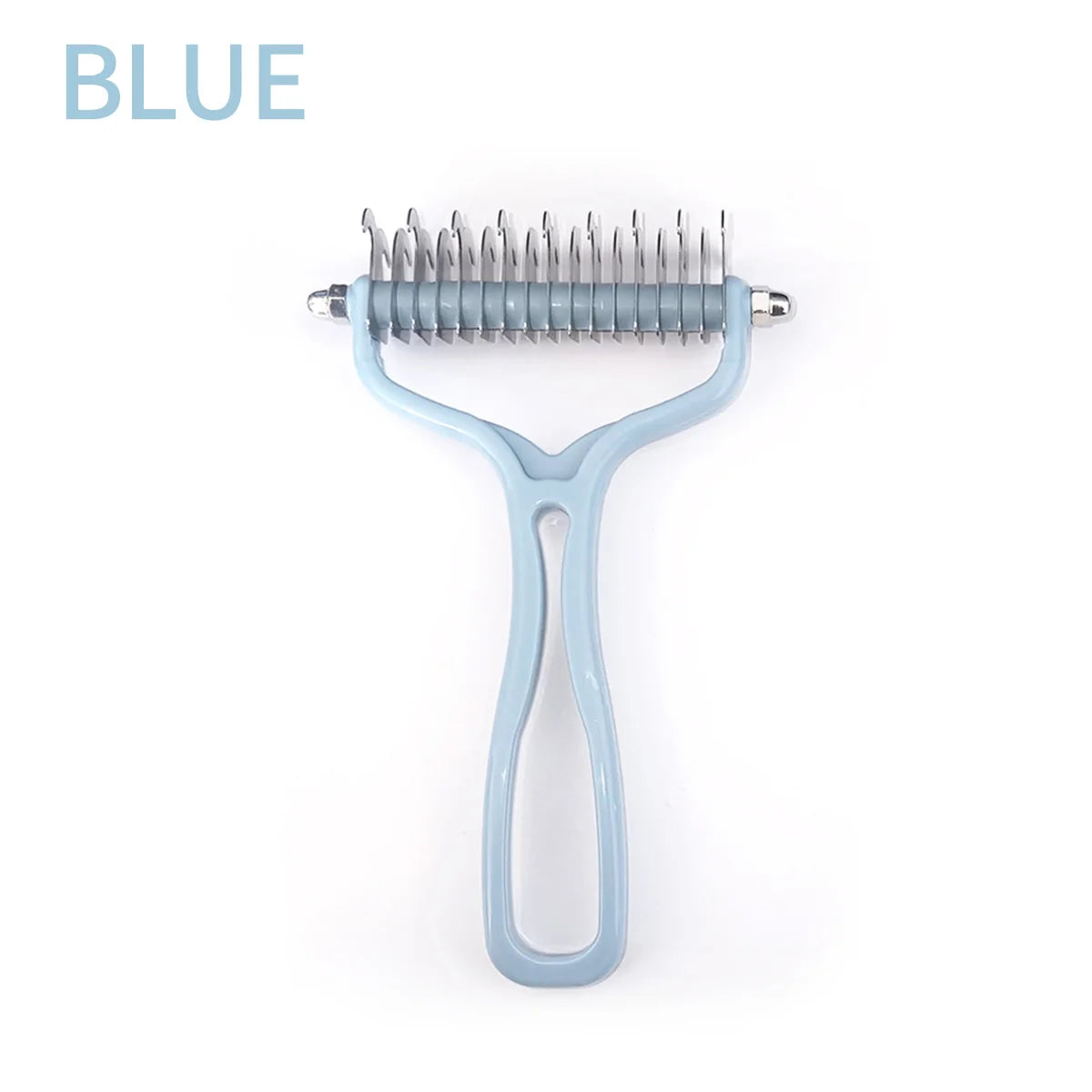 Double-sided cat fur knot cutter comb with blue handle and stainless cutting teeth