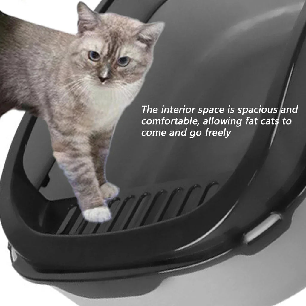 Semi-enclosed cat litter box with ventilated sides, dark gray and gray tabby cat
