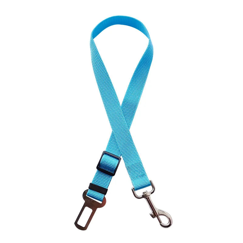 Pet car safety harness clip with light blue webbing, adjustable buckle and metal hook