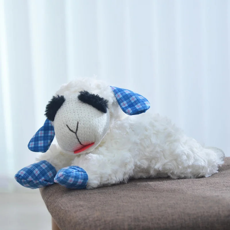 Alpaca lamb plush interactive toy with blue plaid ear details and red heart paws