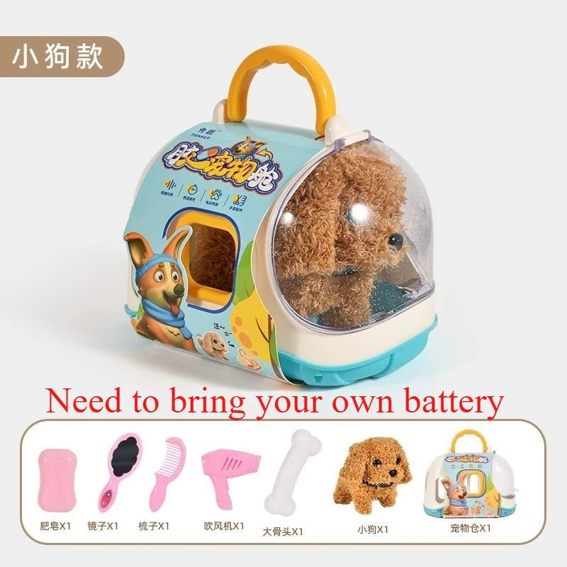 Plush animal toy set with carry handle, see-through dome and brown plush dog