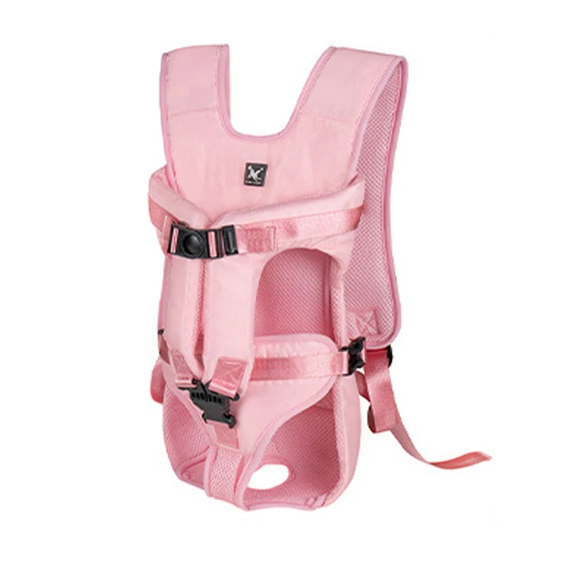Pink dog front travel carrier backpack with adjustable chest belt and mesh backing