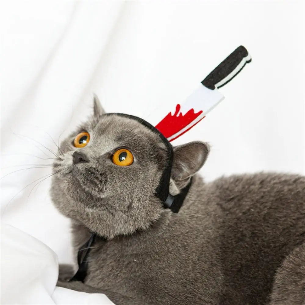 Gray cat wearing dark horn headband with red and white panel detail
