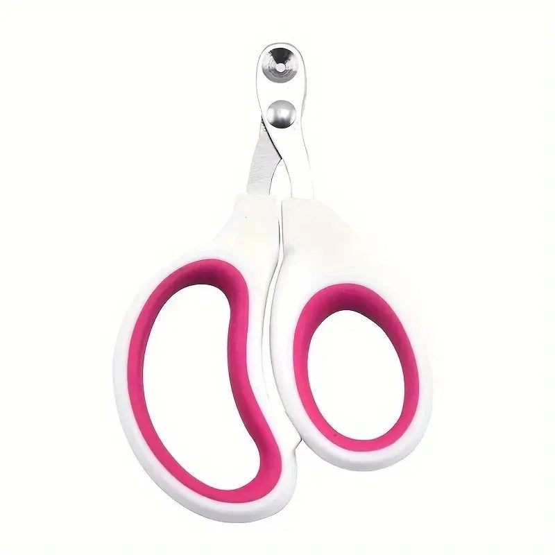 Pet nail clipper with white handle and pink loop grips, stainless steel cutting blades