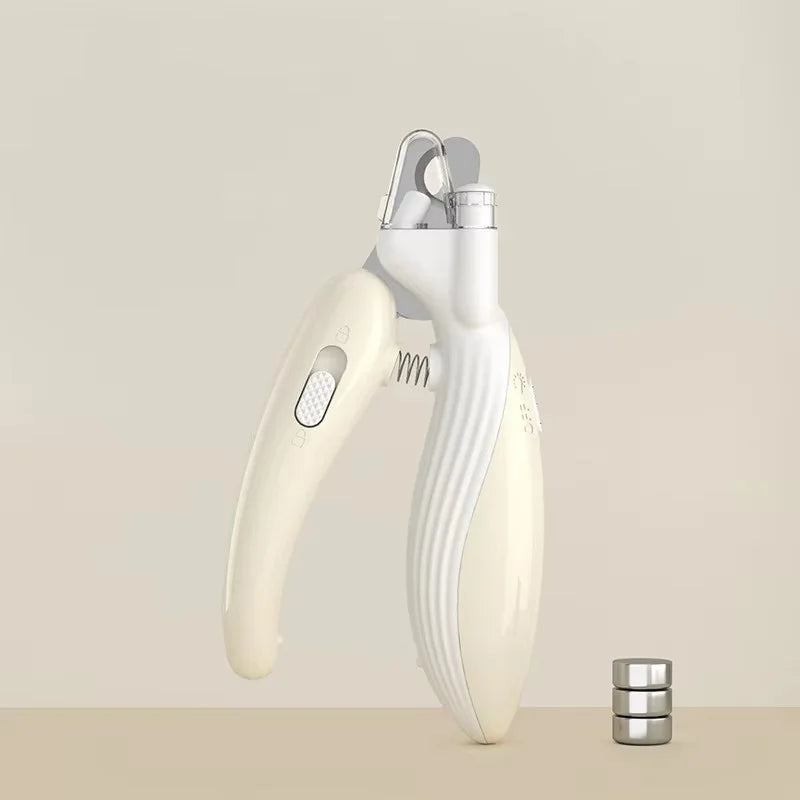 White pet nail clippers with white guard and metal holder for pet nails
