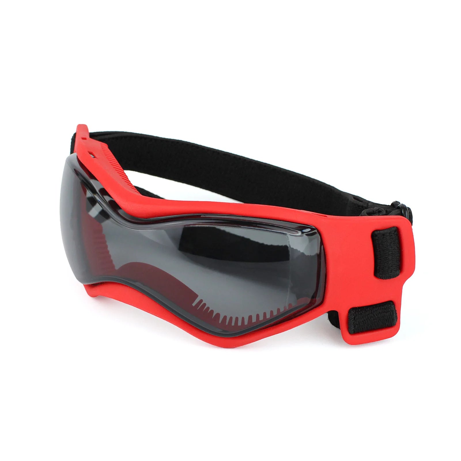 Red dog UV protection goggles with dark reflective lenses and straps