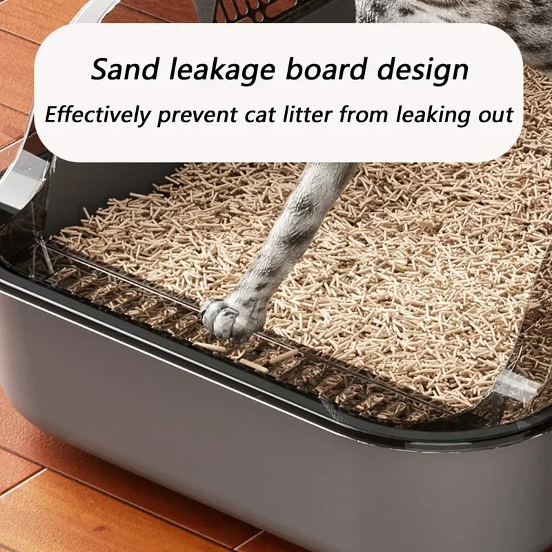 Semi-enclosed cat litter box with raised sand-leakage rim and scoop