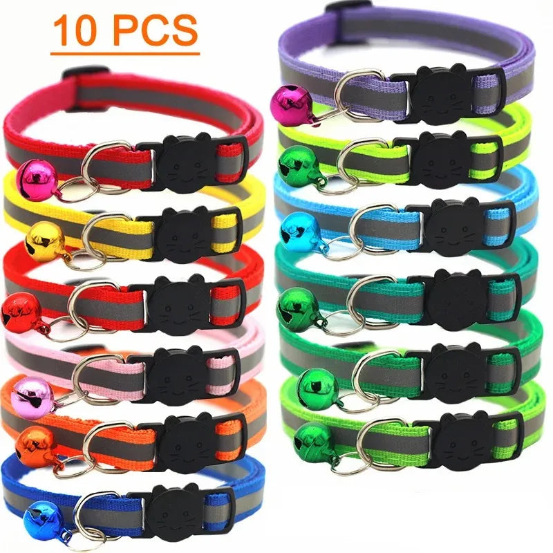 Cat collars 10-pack with bells, mixed colors, black paw buckle on adjustable straps