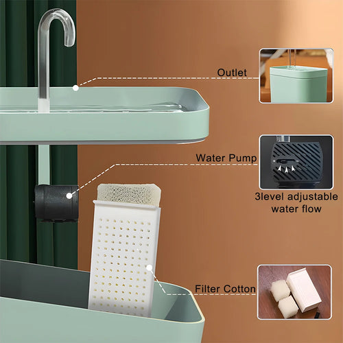 Light green cat water fountain interior showing water pump, filter cotton insert, and outlet