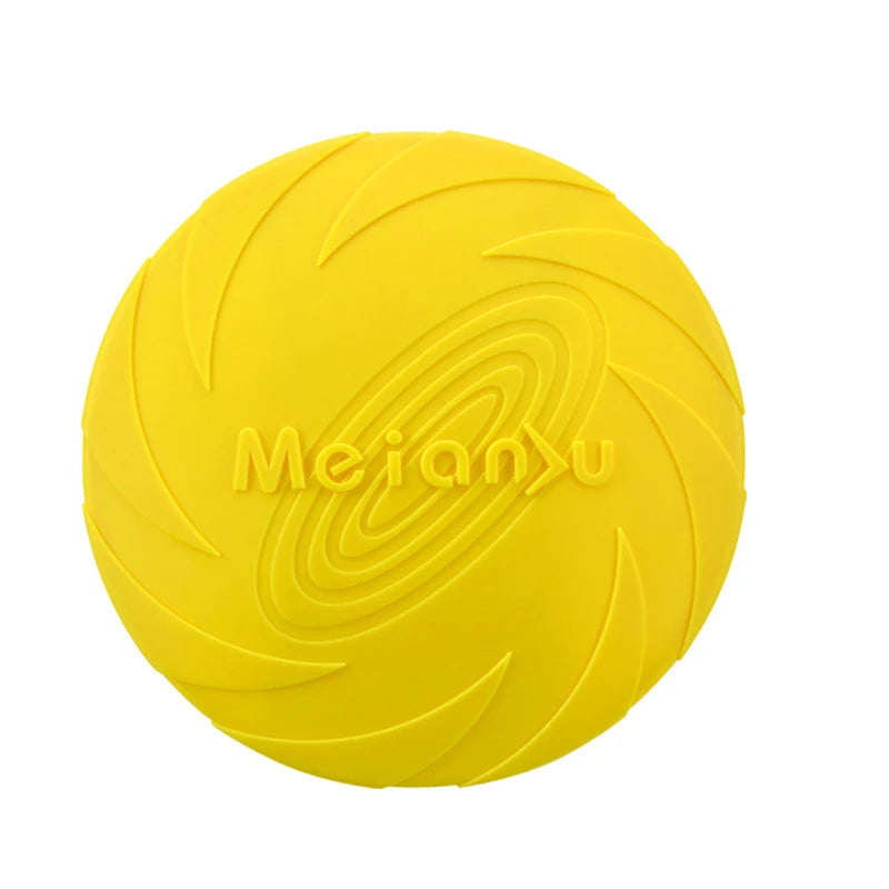 Yellow silicone flying disc dog toy close-up with embossed MeianyU logo