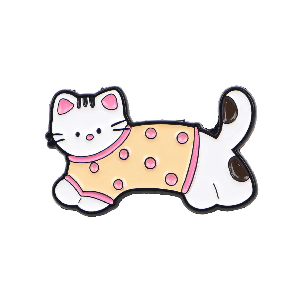 Enamel lapel pin with white cat with pink spots peeking from an open box