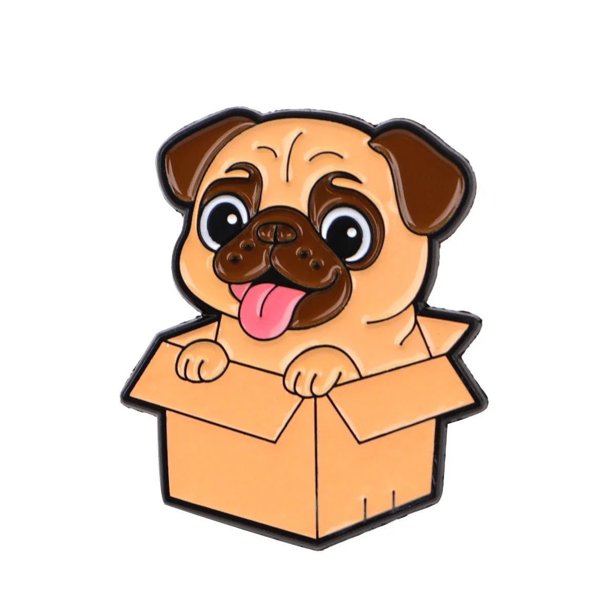 Pug-style dog enamel lapel pin with tongue, sitting in an orange open box