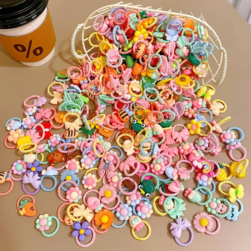 Basket of colorful pet hair accessories with flower and bow hair ties