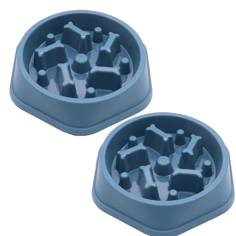 Blue slow feeder dog bowl with raised maze-like insert