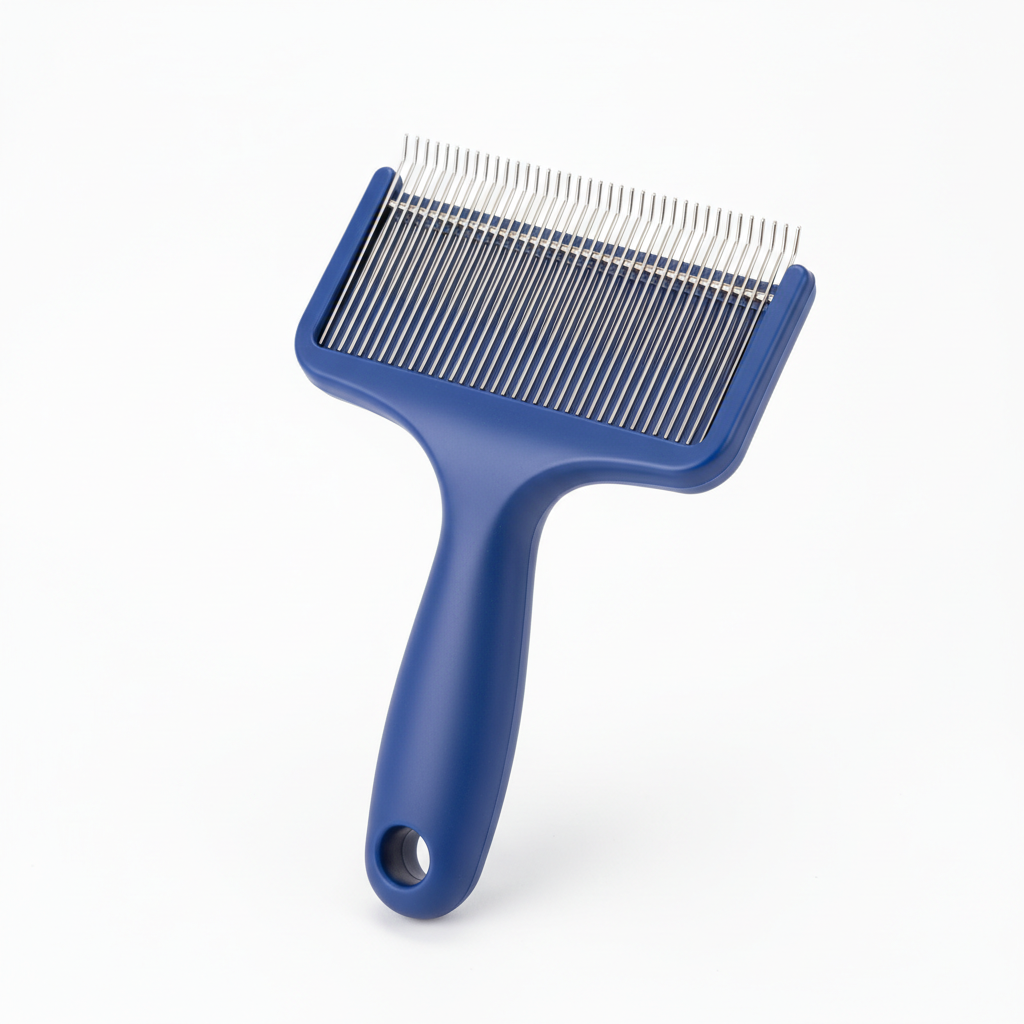 Blue undercoat grooming rake with wide silver metal teeth.