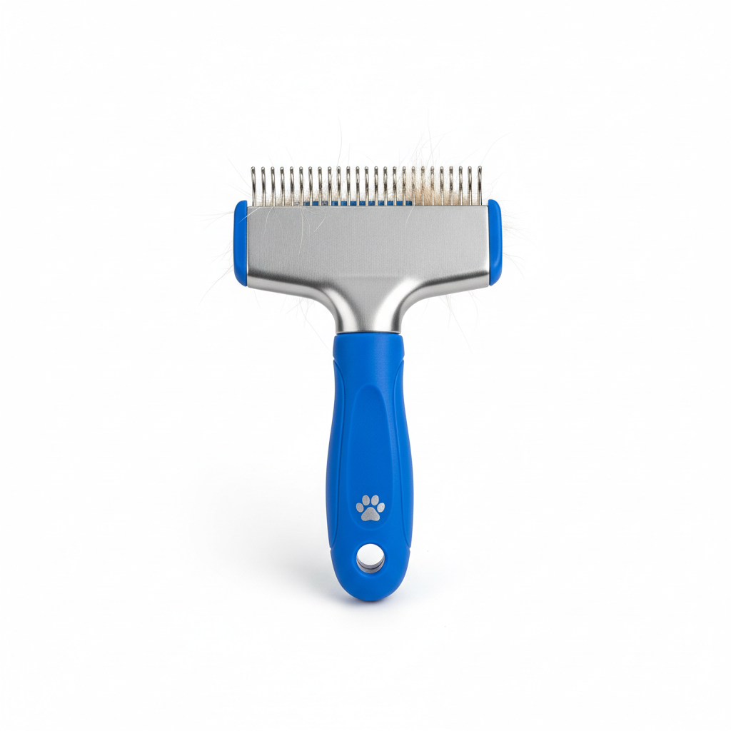 Dog grooming comb with blue handle and silver metal teeth, paw icon button.