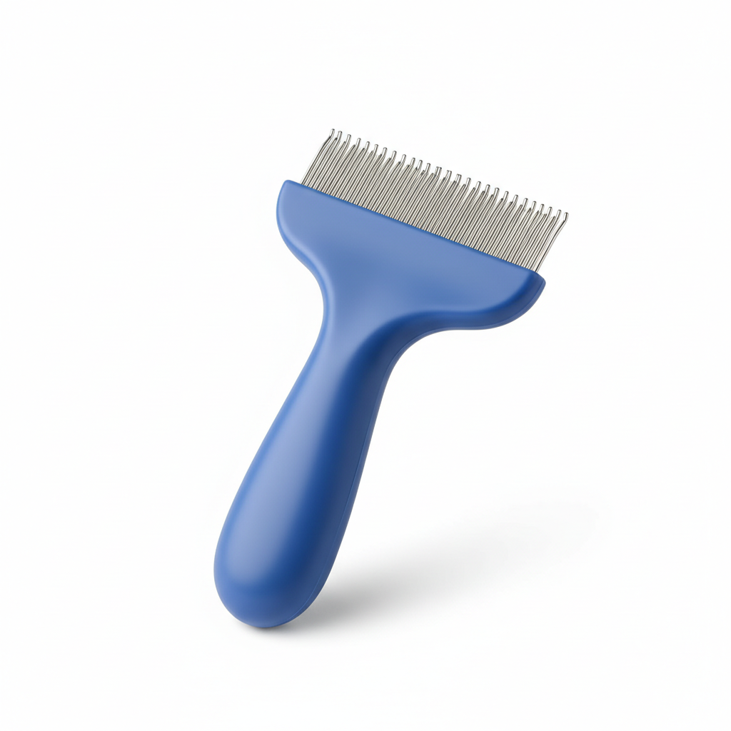 Blue handled dog grooming comb with dense silver metal teeth.